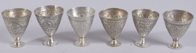 A SET OF SIX 19TH CENTURY OTTOMAN HALLMARKED COFEEE CUPS, each with hallmark tughras to the side, (