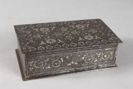 A FINE 19TH CENTURY INDIAN SILVER AND GOLD INLAID STEEL BOX, 19cm x 10cm.
