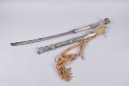A FINE BURMESE ENAMEL DECORATED WHITE METAL MOUNTED DHA SWORD, 88cm long.