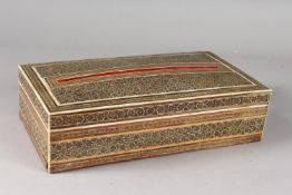 A MID 20TH CENTURY PERSIAN KATAMKARI INLAID WOODEN TISSUE BOX, 28.5cm long.