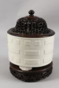 A FINE CHINESE DEHUA PORCELAIN CENSER, with Taoist Eight Trigrams pattern, raised on three feet on a