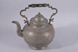 A LARGE 19TH CENTURY PERSIAN QAJAR TINNED COPPER TEAPOT, with hinged handle, 31cm high.