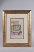 AN ISLAMIC PERSIAN MINIATURE PAINTING ON PAPER, depicting figures in a courtyard, framed and glazed,