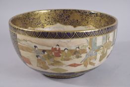 A FINE 19TH CENTURY JAPANESE GILDED COBALT BLUE SATSUMA PUNCH BOWL, the interior finely painted with