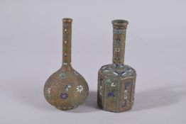 TWO ENAMELLED METAL PERFUME BOTTLES, with floral designs, largest 15cm high, (2).