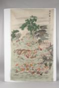 A LARGE CHINESE PAINTING ON SILK, depicting one hundred boys at play, inscribed and bearing red seal