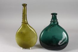 TWO 17TH-18TH CENTURY PERSIAN SAFAVID GLASS SADDLE FLASKS, tallest 28cm high, (2).