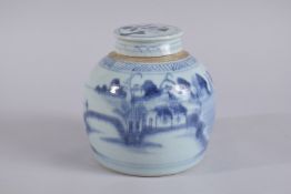 A 19TH CENTURY CHINESE BLUE AND WHITE PORCELAIN JAR AND COVER, with landscape scene, 17cm high.