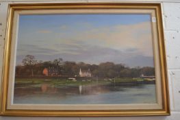 S J Andrews, evening at Pin Mill, Suffolk, acrylic on board.