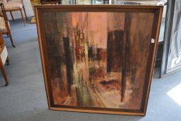 Susan Sheridan, city consumed, abstract city scape, oil on board.