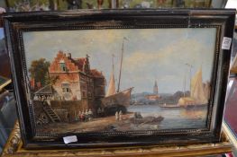 A Continental port scene with sailing boats and dinghies, figures on the shore, oil on board and two