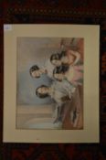 A family of young women and girls at a piano, crayon and watercolour, unframed.