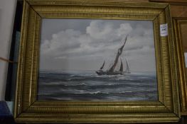 Sailing ship at sea, oil on board in a decorative gilt frame.