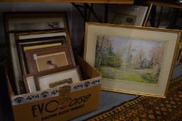 A collection of decorative watercolours and other paintings.