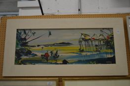 George Deakins, South East Asian coastal scene with huts and canoes, oil on board, signed.