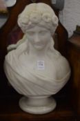 Carved marble bust of a classical young lady.