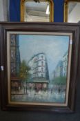 T Carson, busy street scene with figures, oil on canvas, signed.