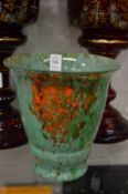 A good Monart glass vase, green with orange speckled decoration.