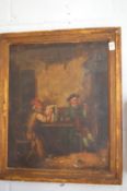 M Langlois, tavern interior with two men seated at a table, oil on canvas, signed.