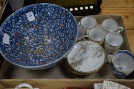 Pottery bowl, Japanese eggshell tea ware and a blue and white teacup (cracked).