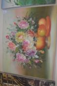 Still life of flowers in a vase with fruit by the side, oil on canvas, unframed.