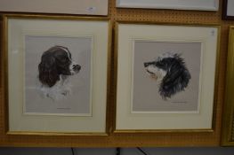 Michelle Bennett Oates, portrait of a spaniel, gouache on grey paper and another similar, signed.
