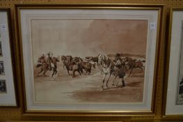 Herding horses on the Hungarian Puszta, sepia monochrome watercolour.