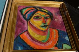 Colourful head and shoulders portrait of a women, oil on board together with two others.