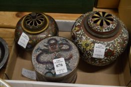 A Japanese cloisonne box and cover and two koros and covers (faults).