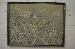 A Balinese painted textile picture, birds amongst the rushes.