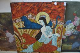 Indian School, female figure in an abstract background, oil on canvas, unframed.