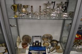 A quantity of plated items to include a tea service, cased fish servers etc.