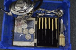 A plated teapot, cased set of fruit knives, various coins and other items.