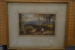 John Henry Mole, woman carrying faggots on a Surrey heath land path, watercolour, signed and dated