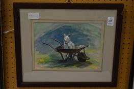 An amusing watercolour depicting a terrier in a wheelbarrow.
