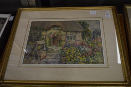 James Townshend, thatched cottage with a well and flower filled garden, watercolour, signed together