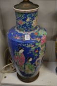 A large Chinese blue ground vase converted to a table lamp.