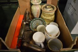 Decorative china, old flat irons etc.