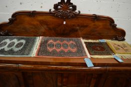 Three small Bokhara style mats and a Chinese mat, various sizes.