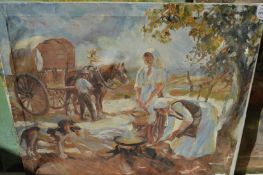 A camp fire scene with figures by a fire with a horse and cart, oil on canvas, unframed.