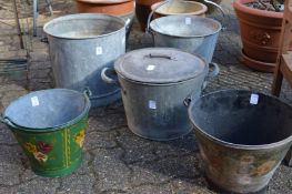 Five various galvanised buckets.