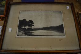 Tranquil river landscape, pencil signed engraving together with a small box of prints.