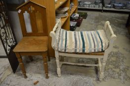A painted dressing table stool and an oak hall chair.