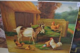 in the manner of Edgar Hunt, a farmyard scene with a goat and chickens, oil on canvas, unframed.