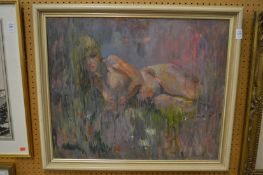 Frank Dobson, reclining female nude amongst foliage, oil on board.