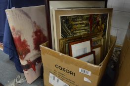 Parisian scene, canvas print, unframed and various other paintings and prints.