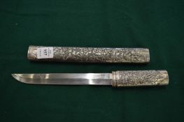 Japanese tanto with cast white metal scabbard and handle.