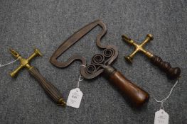 Two Victorian pastry jiggers/ markers/ crimpers and a Swedish chopping knife.
