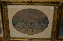 An 18th century scene with figures in a landscape, buildings beyond, oval in a decorative gilt