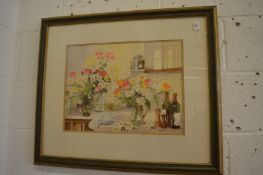 S J Andrews, kitchen scene with vases of flowers, bottles of wine, watercolour.